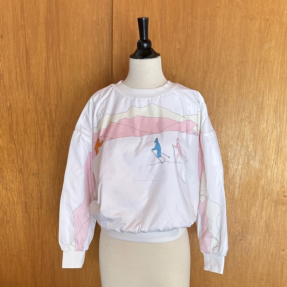 adidas white retro style wind-stopper crew with retro skiier graphic M